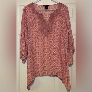 Robert Louis Pink Womens M Patterned Tunic with Lace Detail Crochet Trim